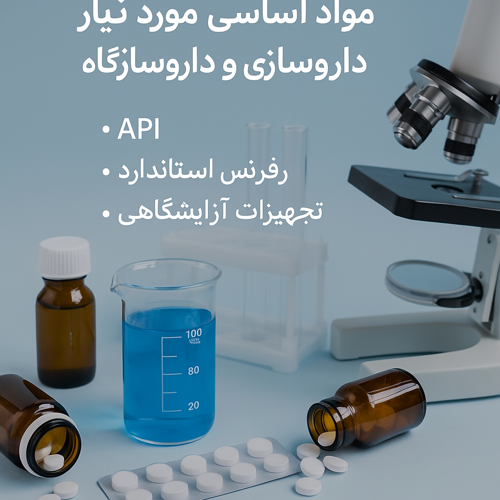 alt="مواد شیمیایی آزمایشگاهی و تجهیزات داروسازی شامل میکروسکوپ، بیکر، قرص و بطری دارویی | آرگون اکسیر تهران"
